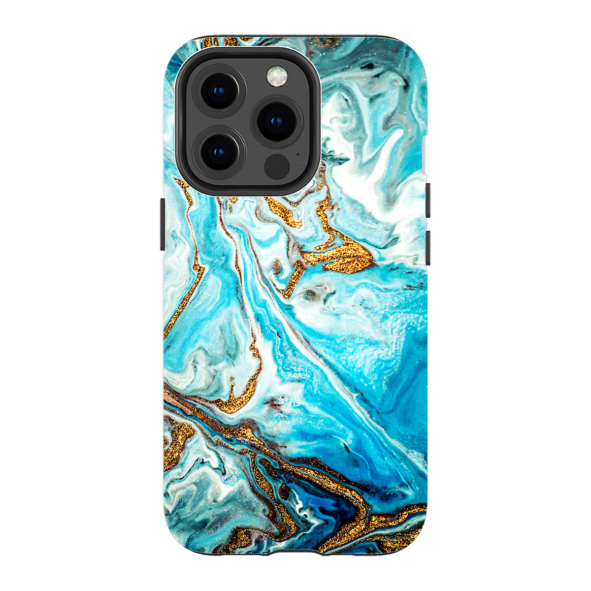 Blue Royal iPhone tough case featuring a high-definition marble swirl design with metallic gold accents and dual-layer protection.