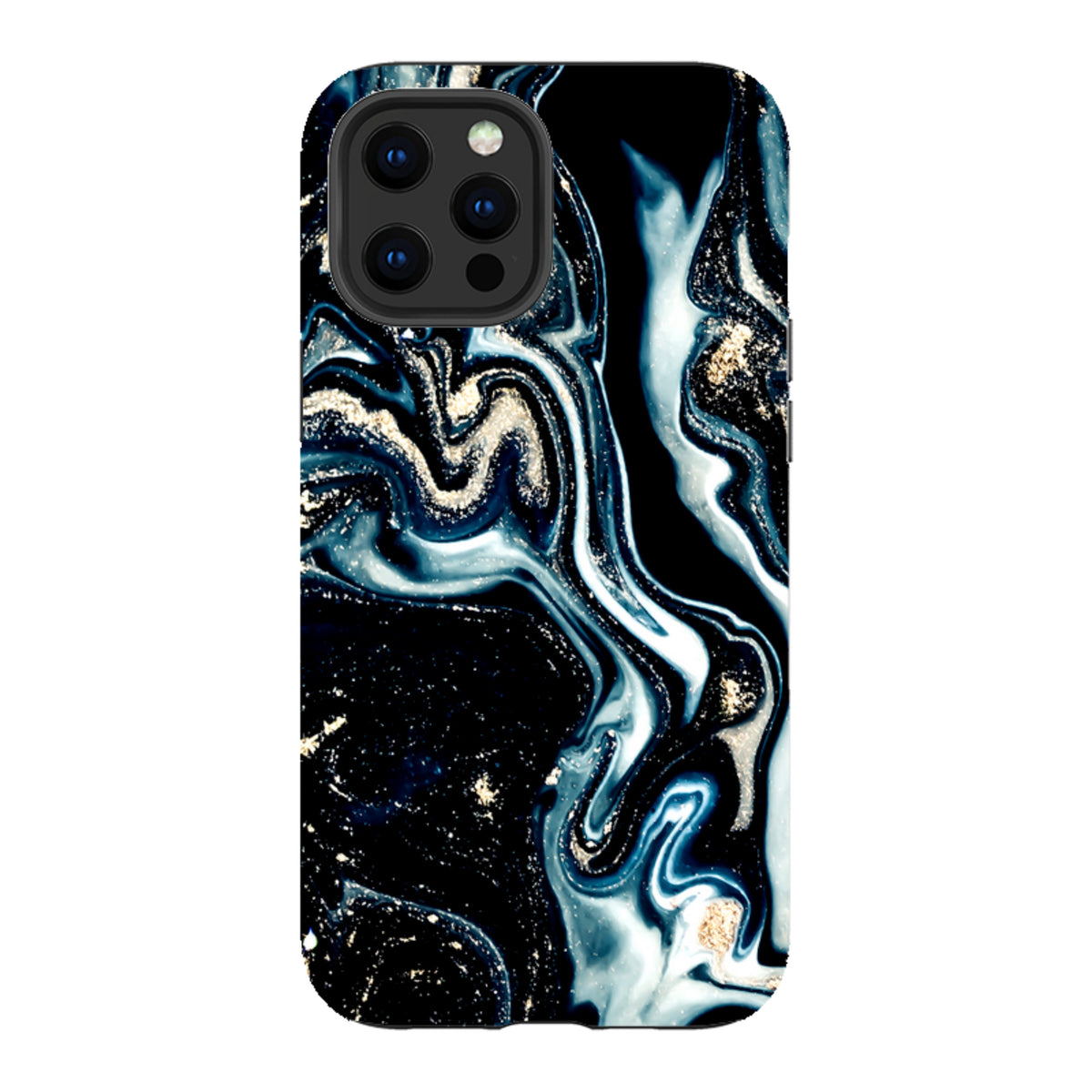 Blue Royalty iPhone tough case with a swirling blue, black, and gold marble design and dual-layer protective shell.