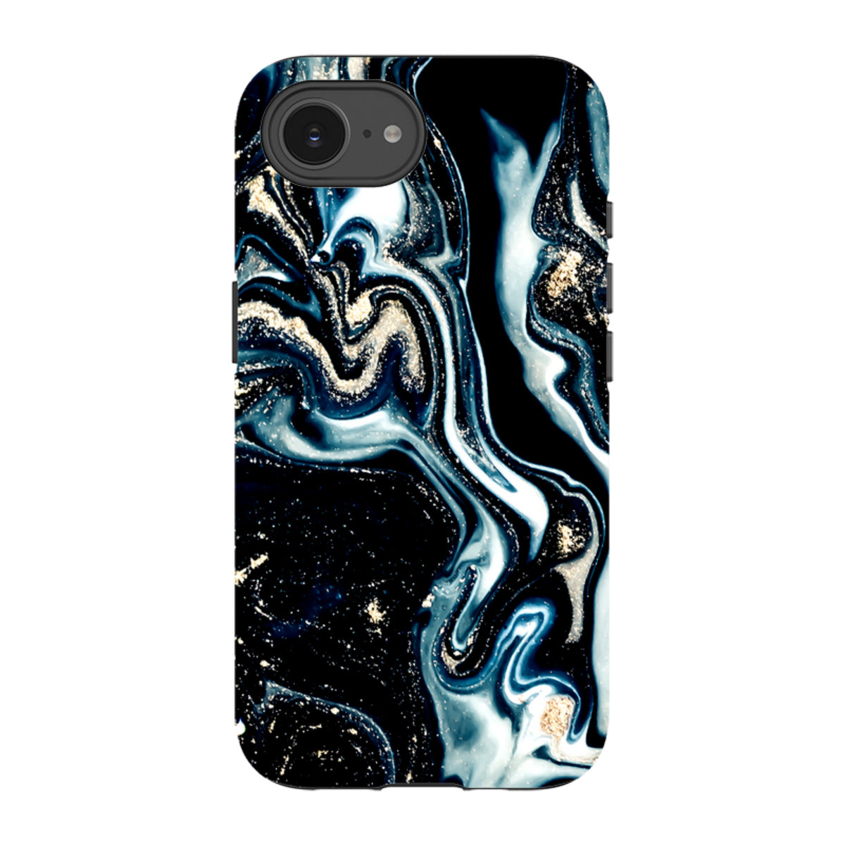 Blue Royalty iPhone tough case with a black and blue marble swirl design and gold glitter accents.