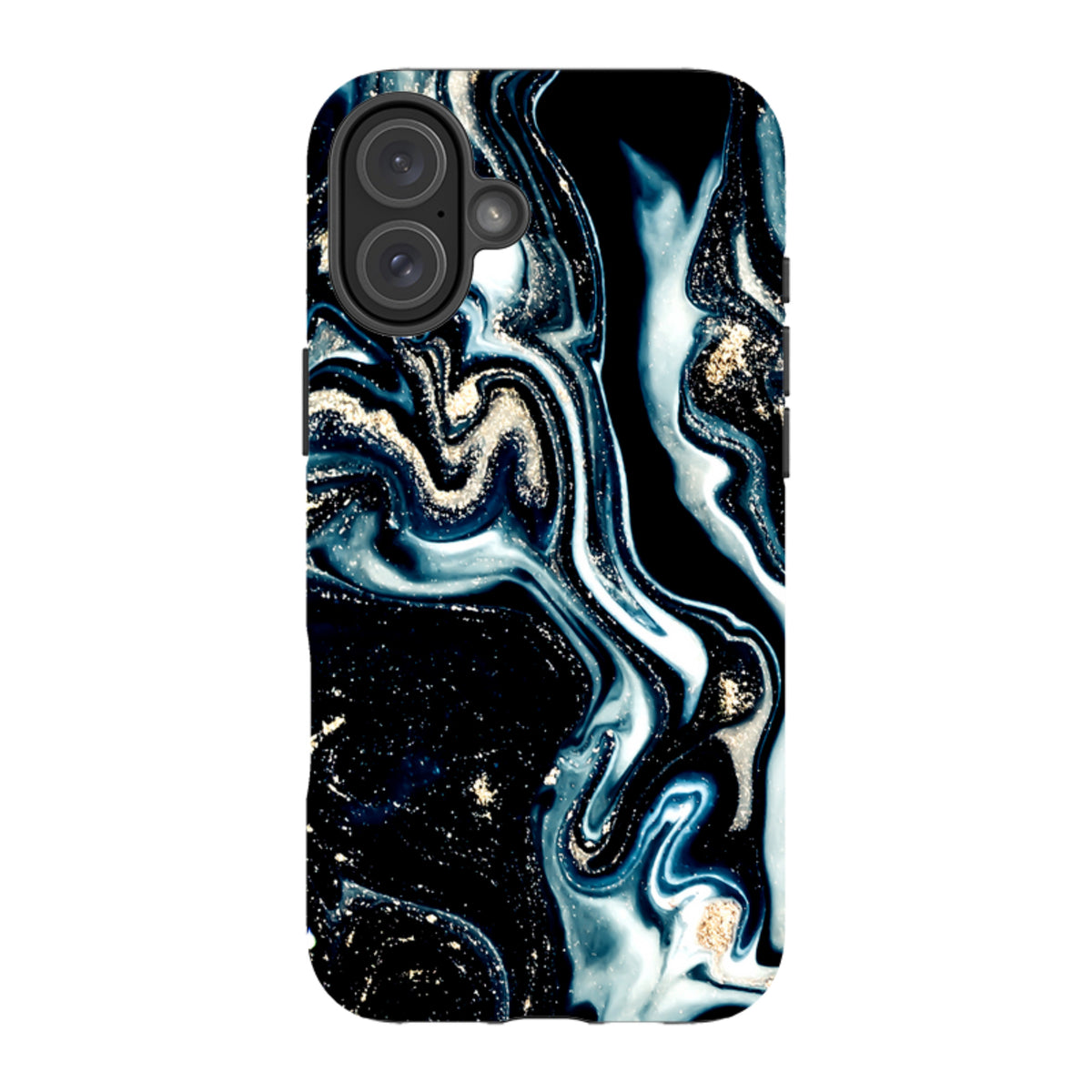 Blue Royalty iPhone tough case with a swirling navy, black, and gold marble design and dual-layer protective shell.