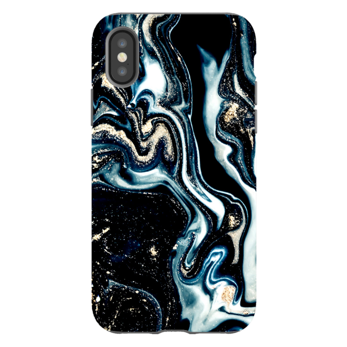 iPhone Tough Case in Blue Royalty featuring a dual-layer design with a swirling blue, black, and gold marble pattern.