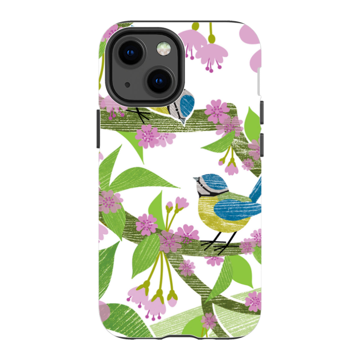 iPhone tough case featuring a blue tit bird and pink blossom floral pattern on a white background.