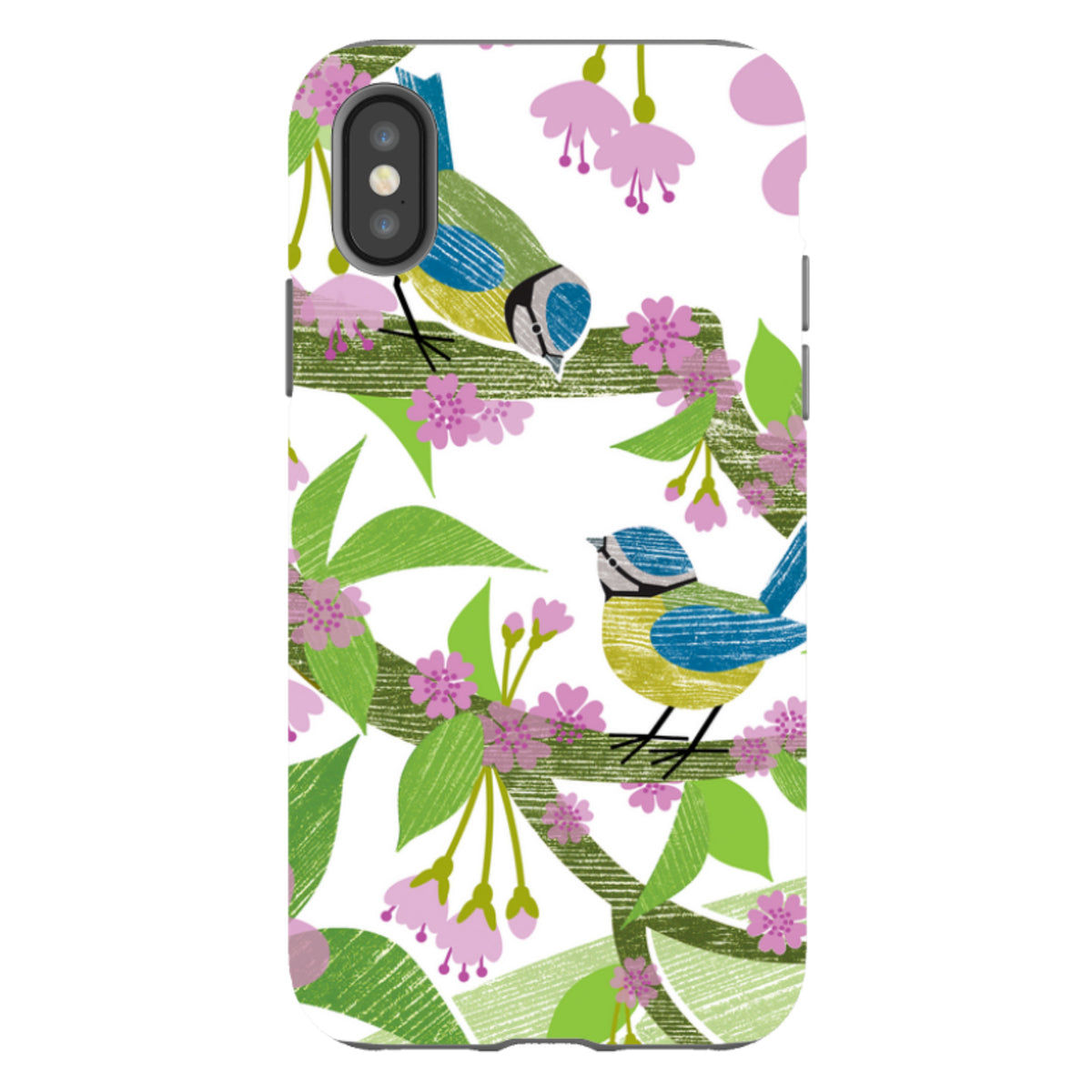 iPhone tough case featuring blue tits and pink blossom art on a white background with a durable dual-layer design.