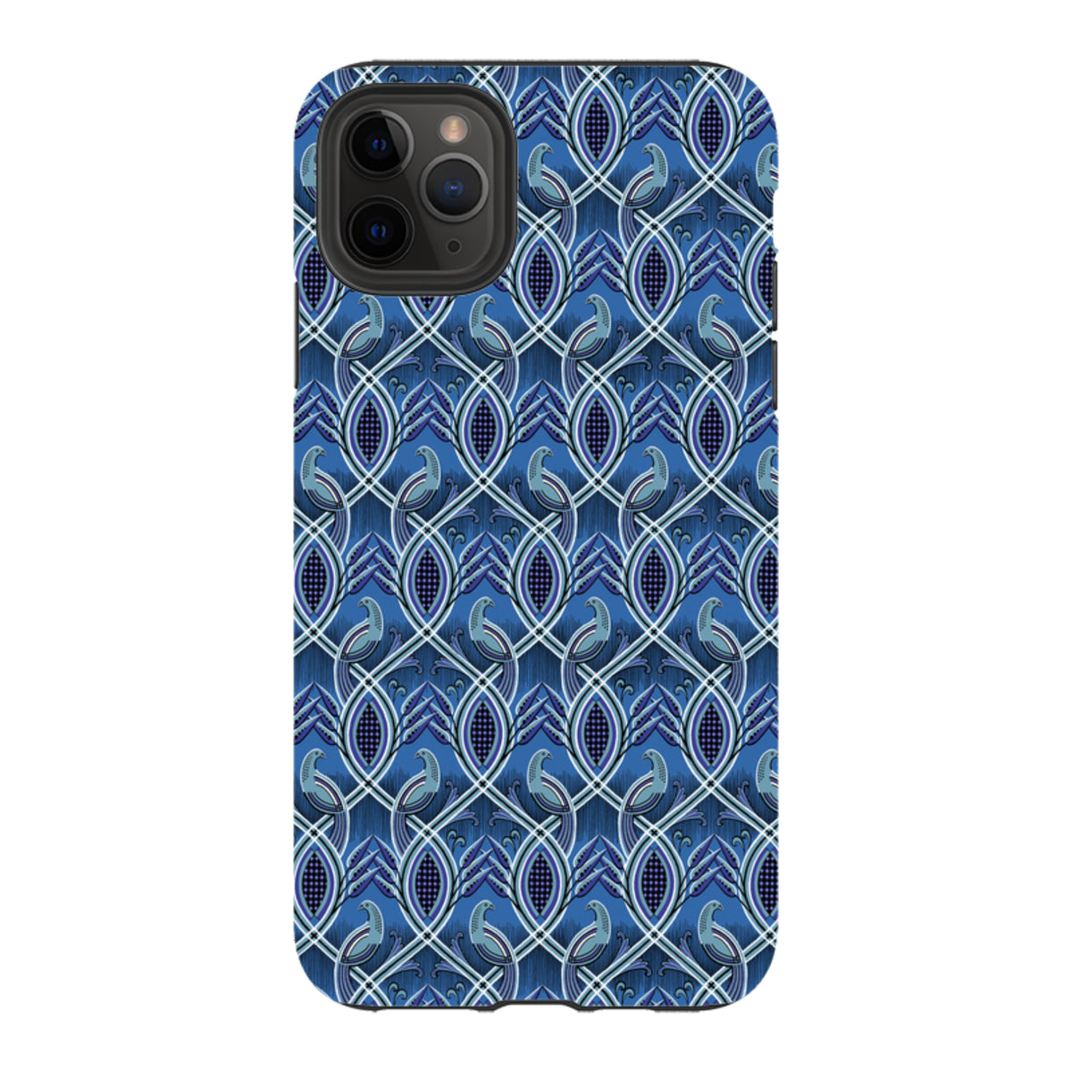 Dual-layer iPhone tough case featuring a bluebird and geometric lattice pattern by Cressida Bell in shades of blue.