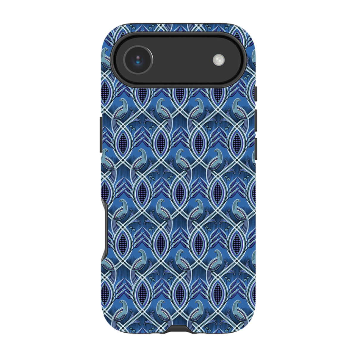 iPhone tough case featuring a bluebird pattern by Cressida Bell with a dual-layer design and protective camera cutout.