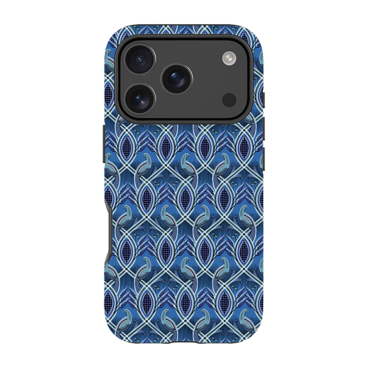 iPhone tough case featuring a bluebird geometric pattern by Cressida Bell with dual-layer protection and camera cutouts.