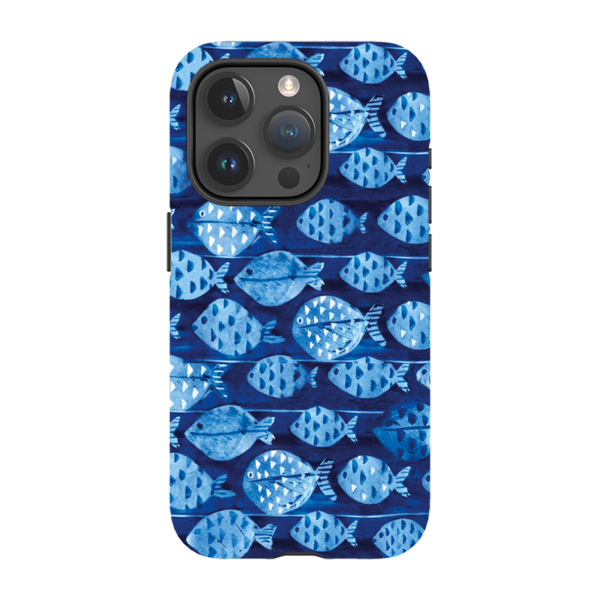 Dual-layer iPhone tough case featuring a blue watercolor fish pattern by Sarah Campbell with a protective camera cutout.