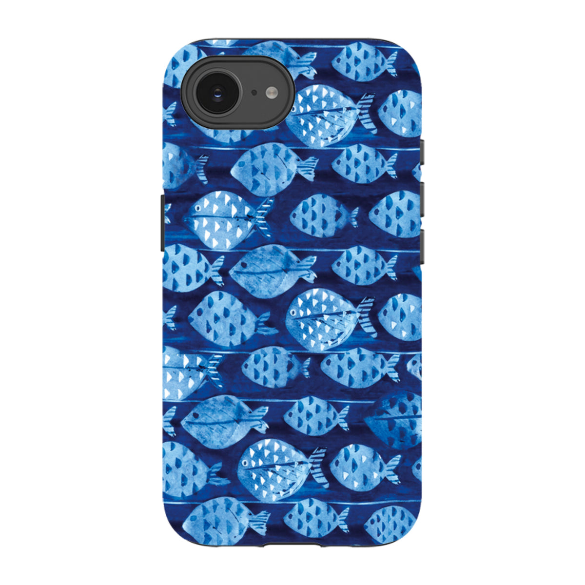 Dual-layer iPhone tough case featuring a blue watercolor fish pattern by Sarah Campbell with raised camera protection.