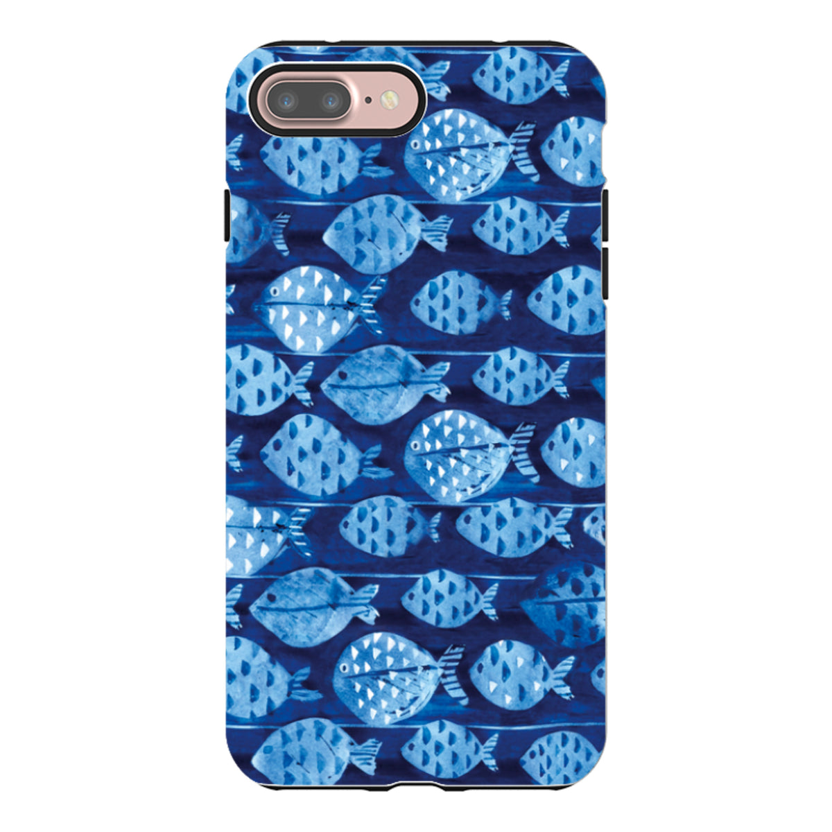 iPhone tough case featuring a blue and white patterned fish design by Sarah Campbell with dual-layer protection.
