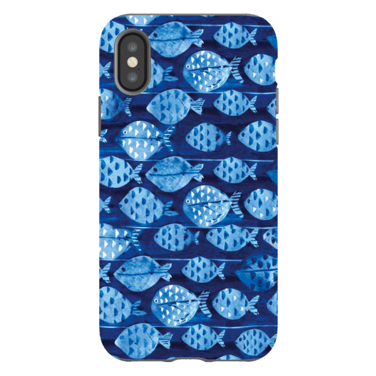 Dual-layer iPhone tough case featuring a blue and white artistic fish pattern by Sarah Campbell on a dark blue background.