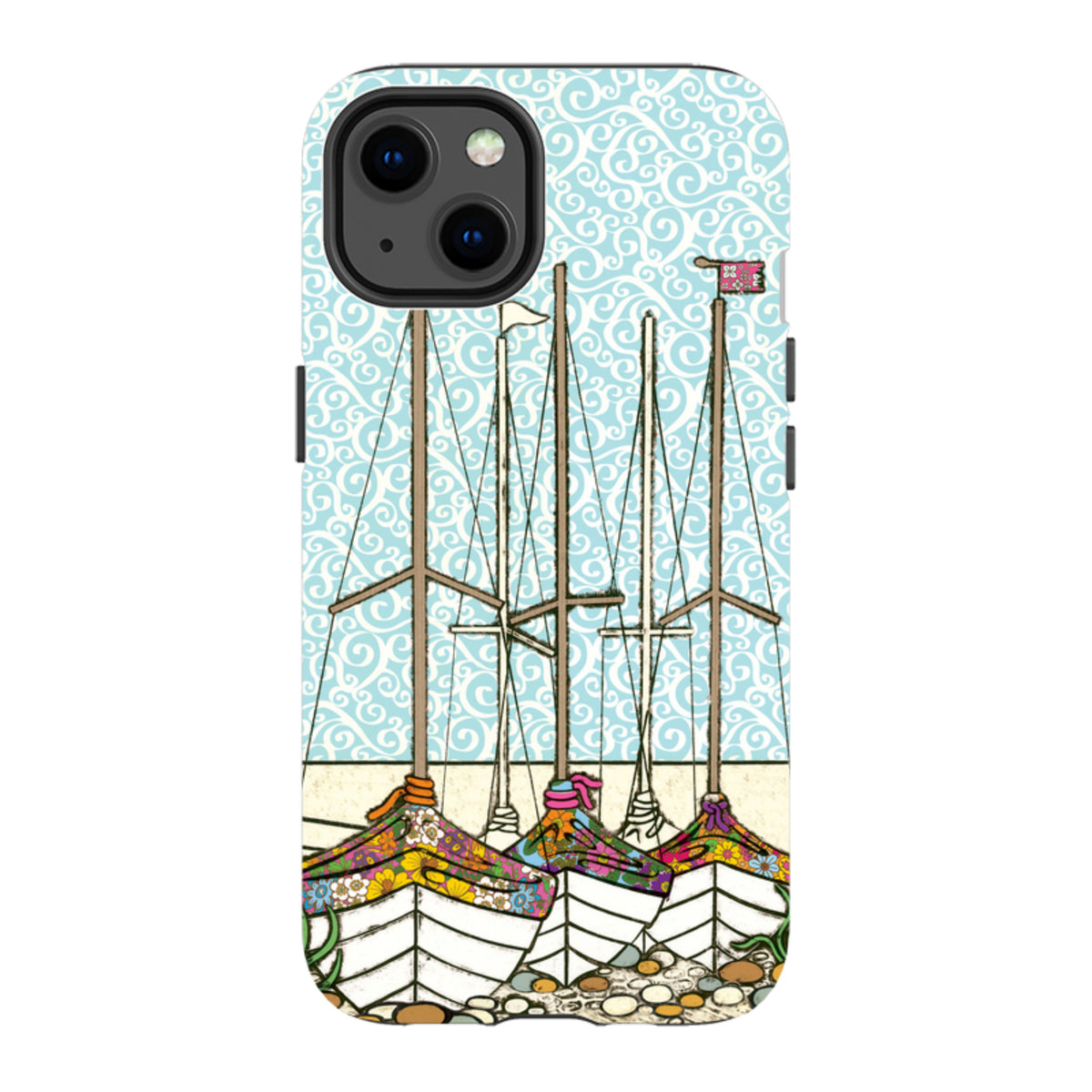 iPhone tough case with Amelia Bowman’s Boats At Rest art, featuring colorful sailboats against a blue swirl background.