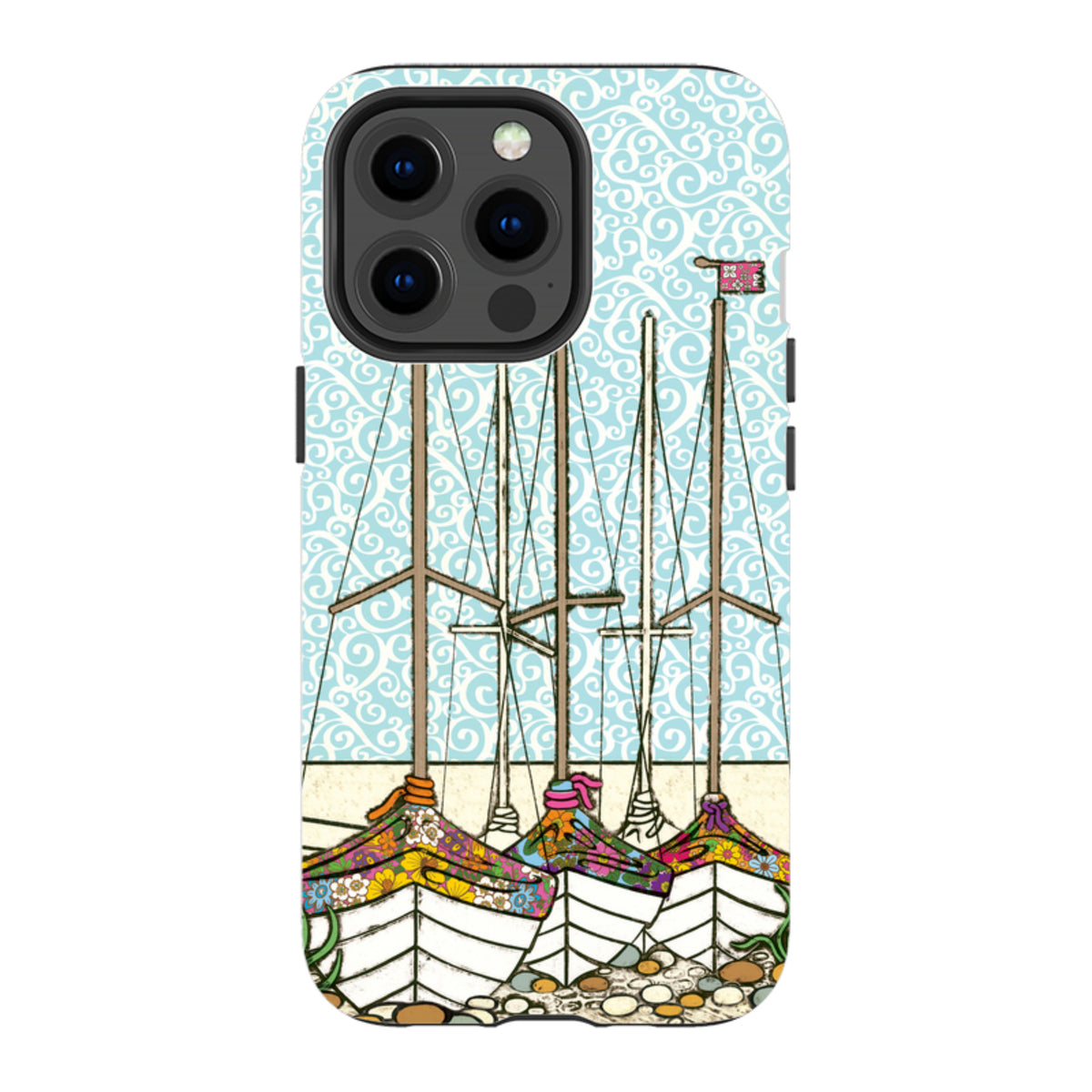 iPhone tough case featuring Amelia Bowman’s Boats At Rest art with colorful sailboats on a light blue swirling background.