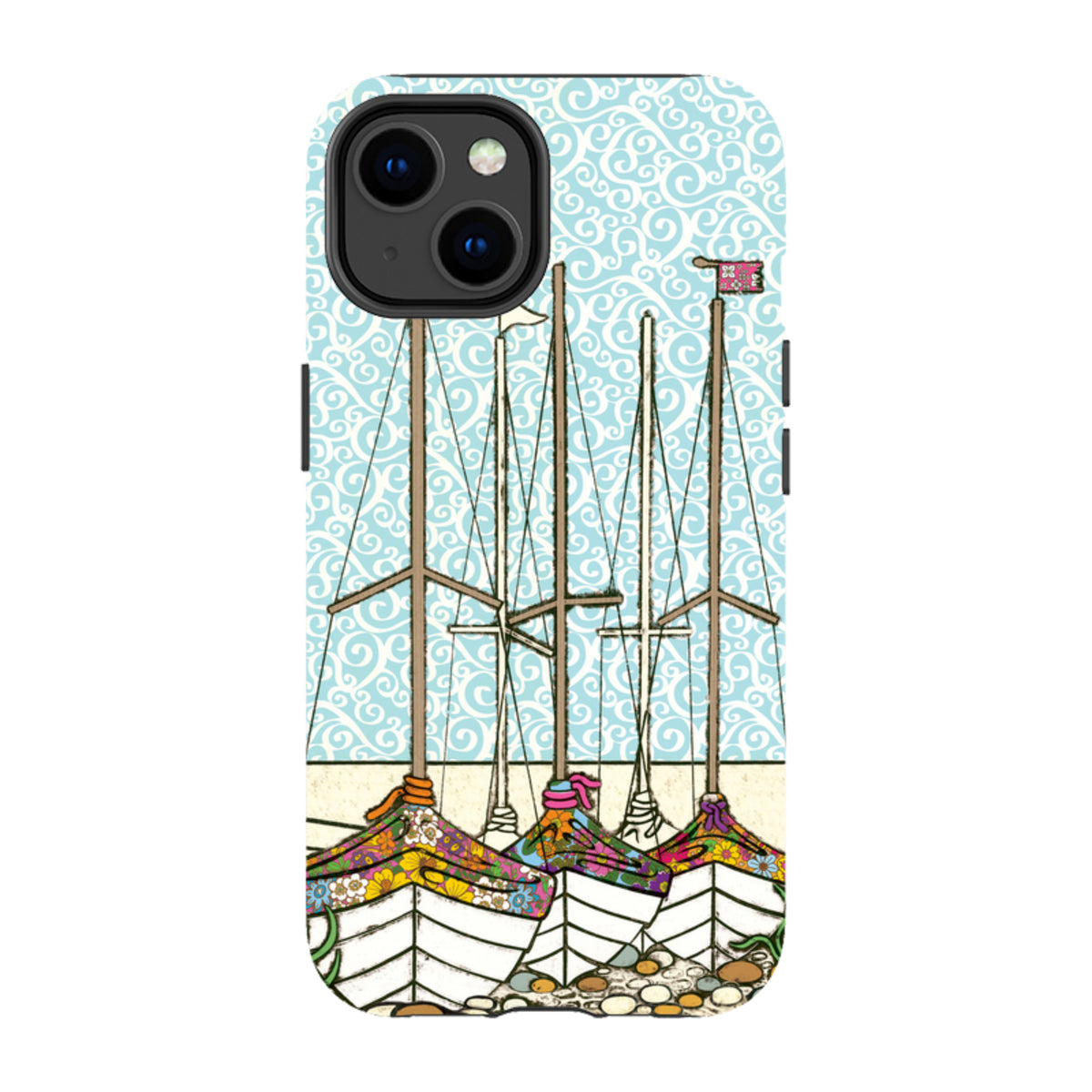 iPhone Tough Case featuring Amelia Bowman's Boats At Rest art with colorful floral sailboats on a light blue swirl background.