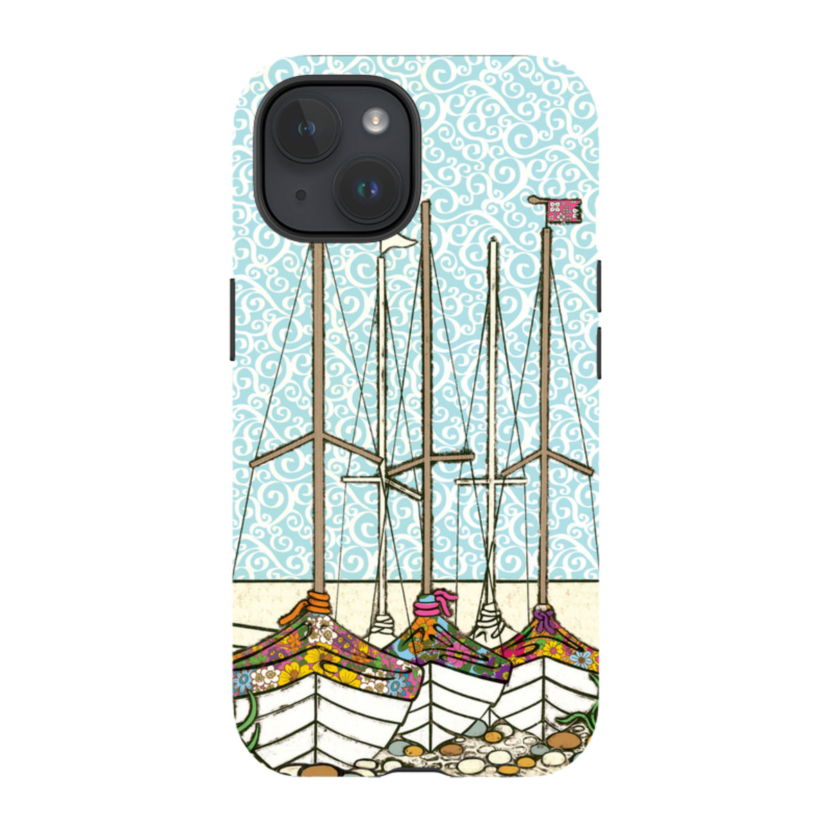 iPhone tough case featuring Amelia Bowman's Boats At Rest art with colorful floral boats against a light blue swirl sky.