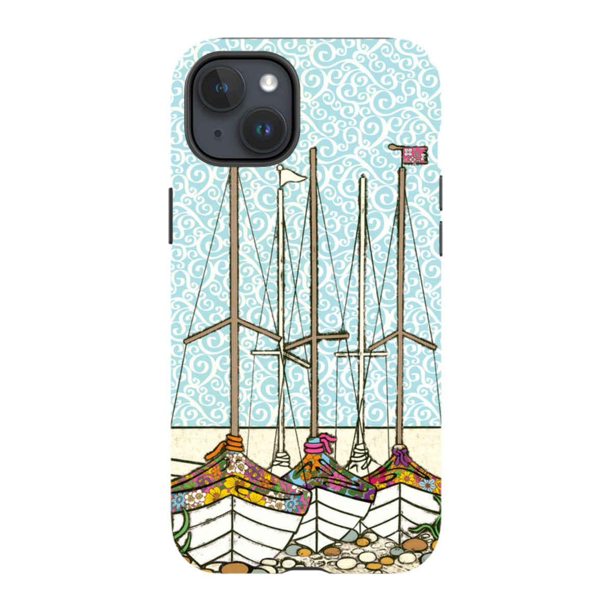 iPhone tough case featuring Amelia Bowman’s Boats At Rest art with colorful sailboats on a blue swirling patterned background.