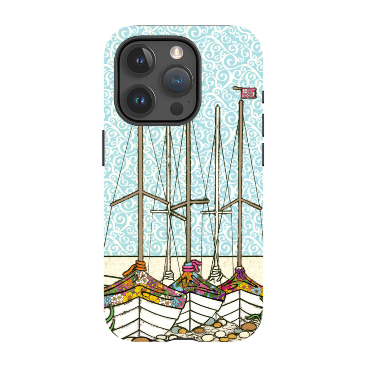 iPhone tough case featuring Amelia Bowman's Boats At Rest art with colorful sailboats on a light blue swirling background.