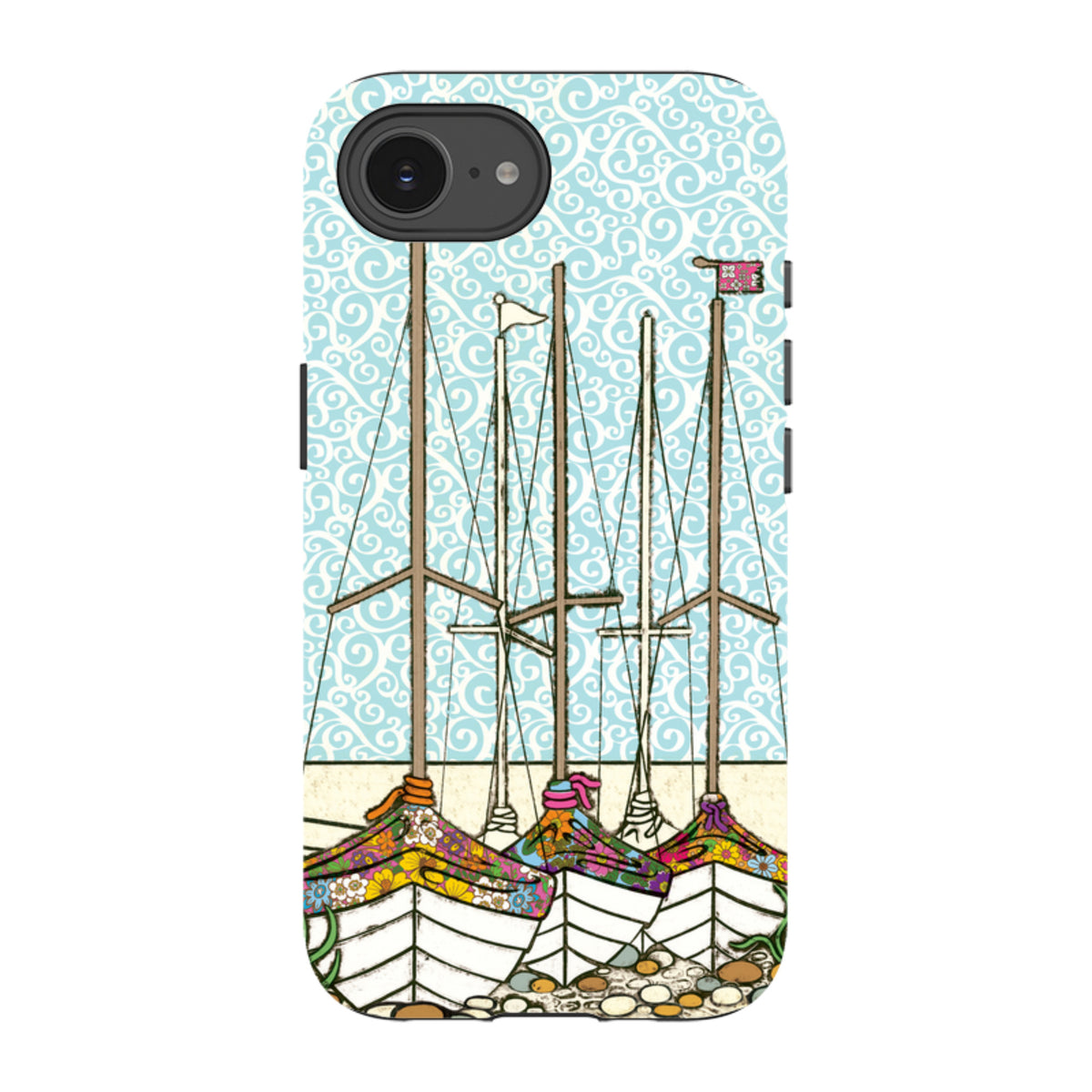 iPhone tough case featuring Amelia Bowman’s Boats At Rest art with colorful floral boats against a blue swirl background.