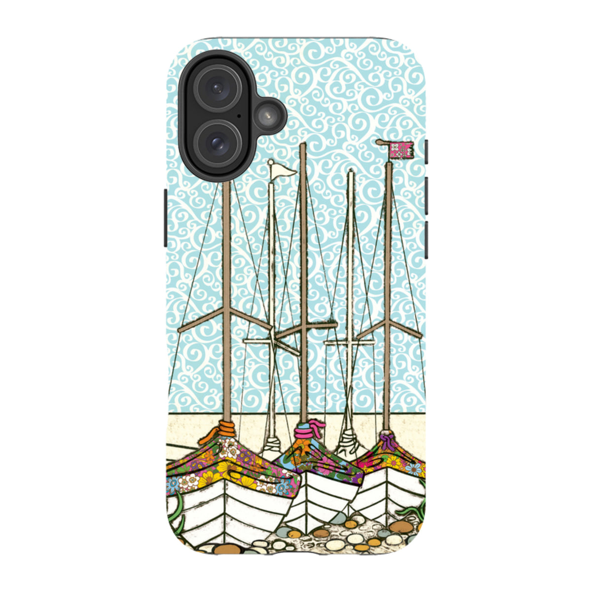 iPhone Tough Case featuring Amelia Bowman’s Boats At Rest art with a blue swirl pattern and colorful floral boat hulls.