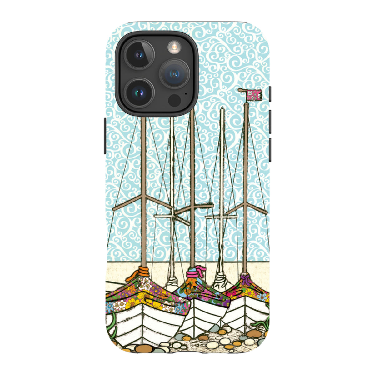 iPhone tough case featuring Amelia Bowman’s Boats At Rest art with colorful sailboats on a blue swirling background.