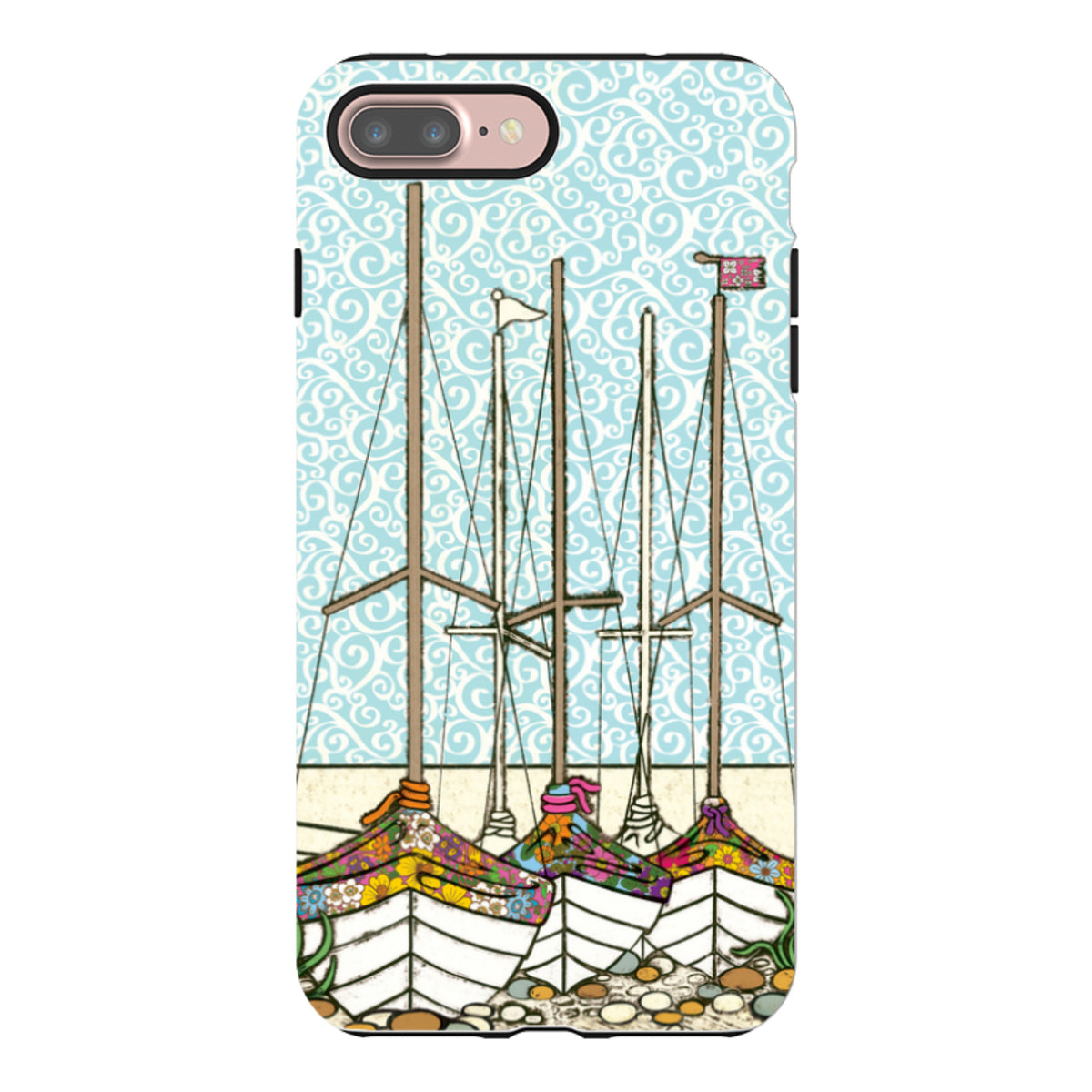 iPhone Tough Case featuring Amelia Bowman's Boats At Rest art with a light blue swirl background and dual-layer protection.