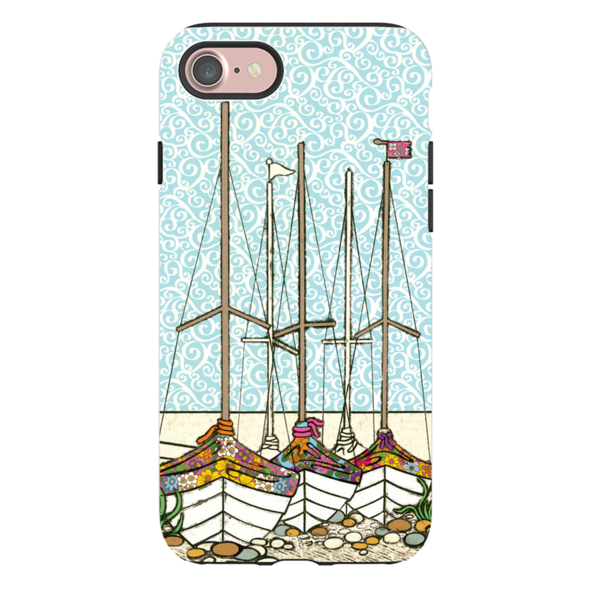 iPhone tough case featuring Amelia Bowman's Boats At Rest art with colorful sailboats on a light blue swirling background.