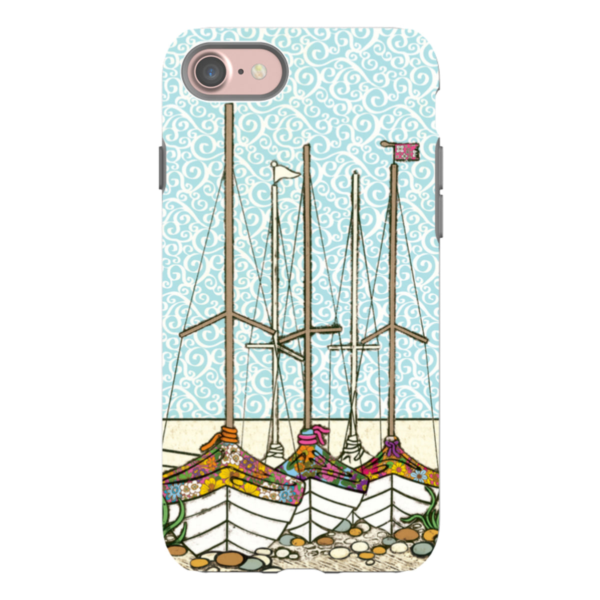 iPhone tough case featuring Amelia Bowman’s Boats At Rest art with a blue swirl sky and colorful floral boat hulls.