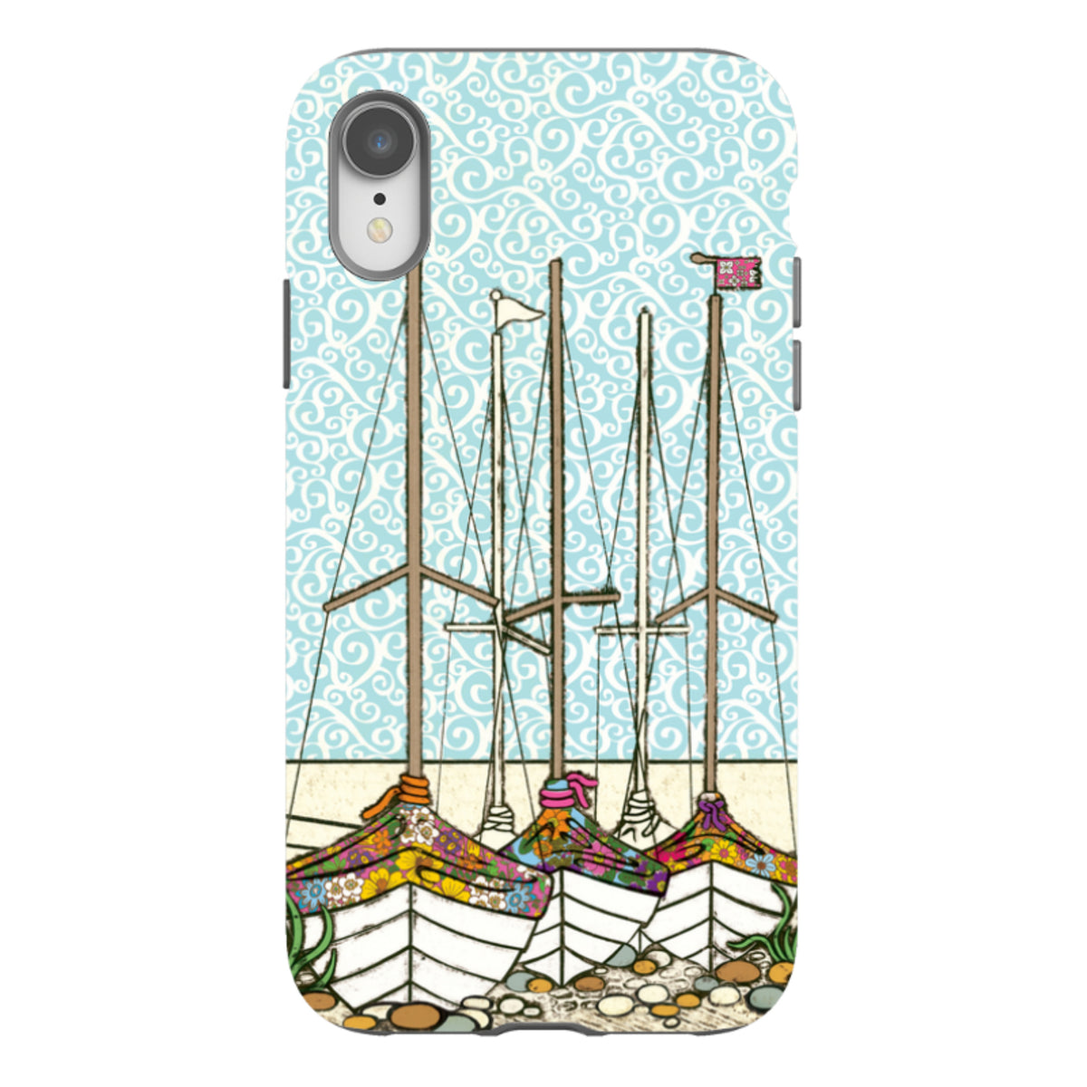 iPhone tough case featuring Amelia Bowman’s Boats at Rest art with colorful floral boats against a blue swirl background.