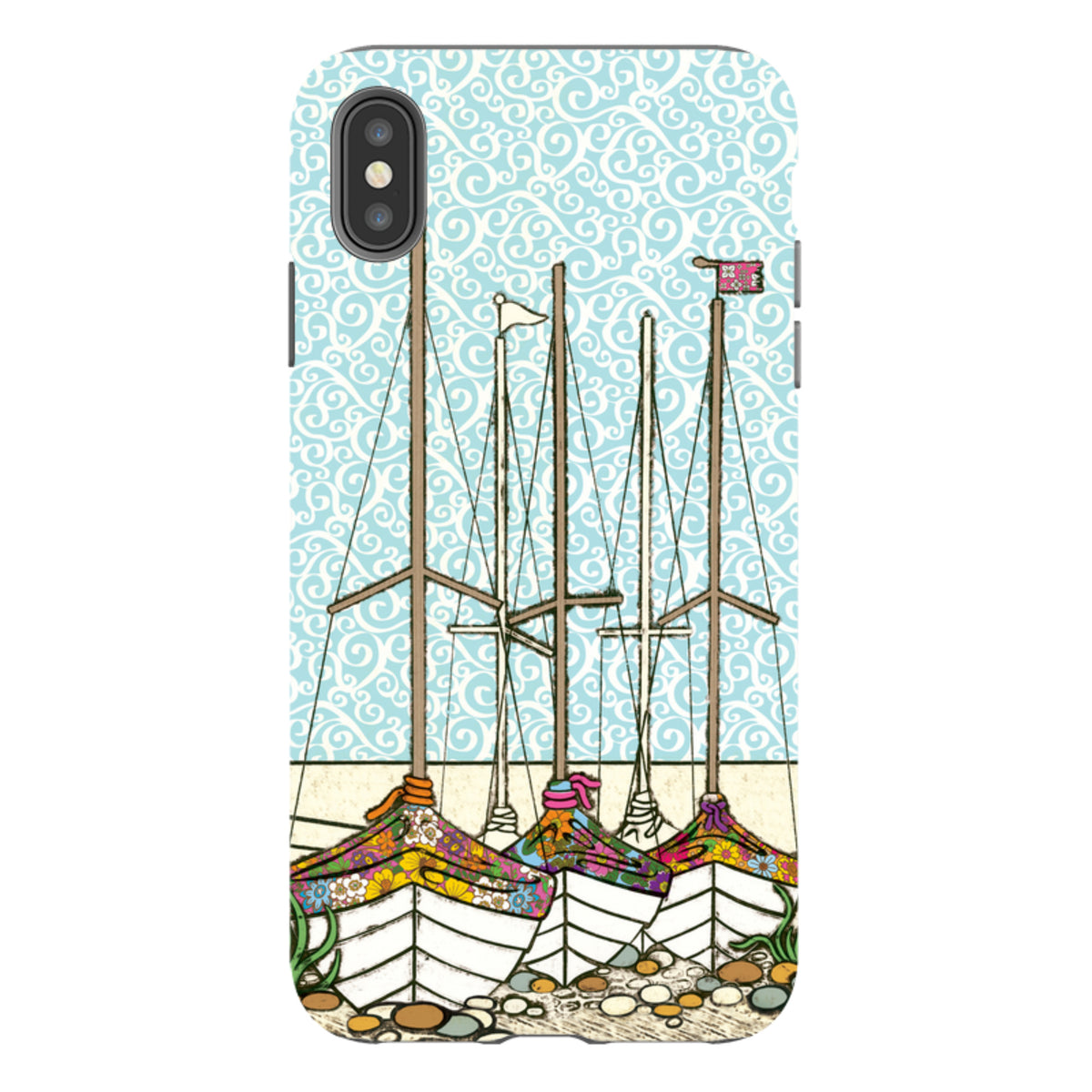 iPhone tough case featuring Amelia Bowman’s Boats At Rest art with a blue swirl background and colorful floral boats.