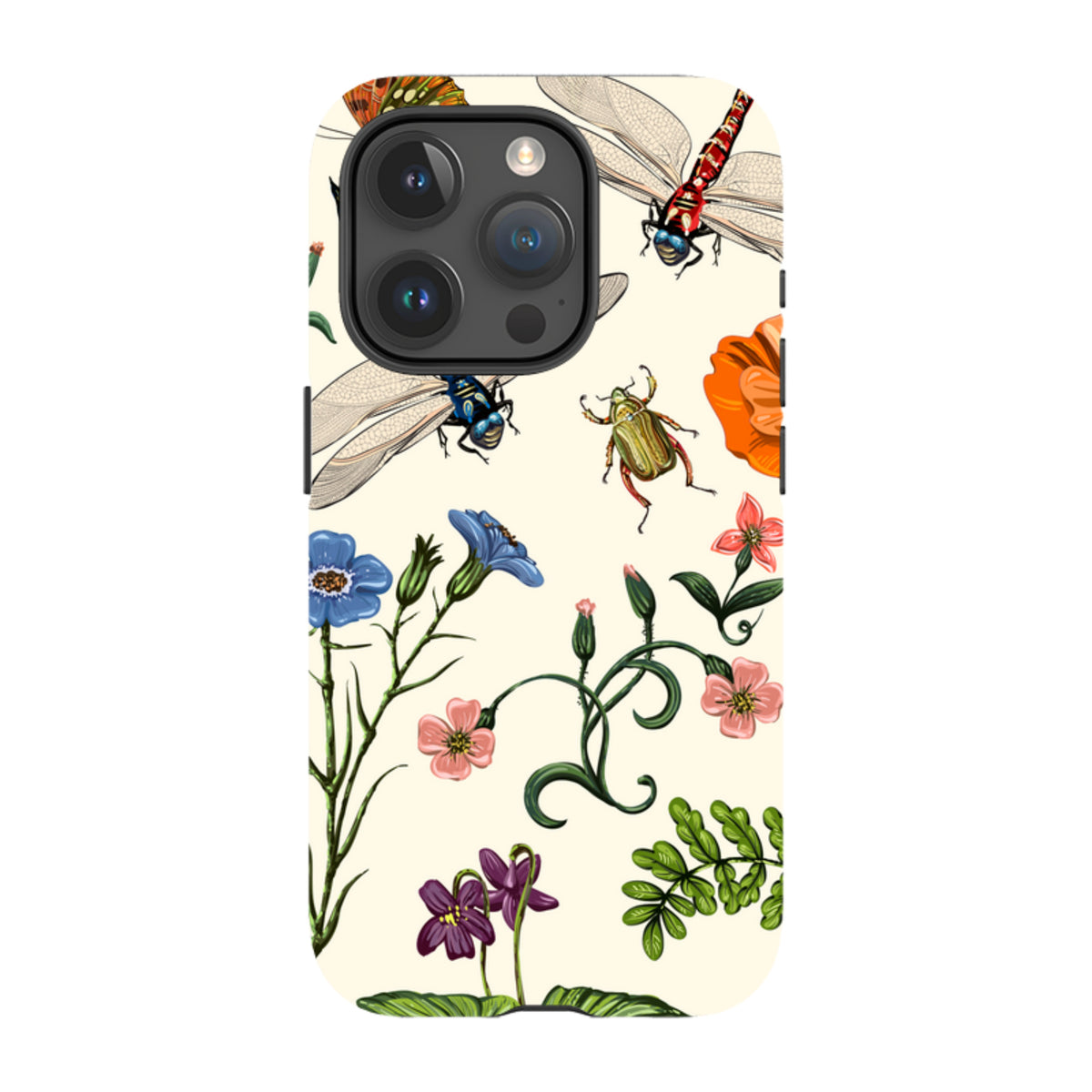 iPhone Tough Case featuring a cream background with colorful botanical illustrations of insects, flowers, and green foliage.