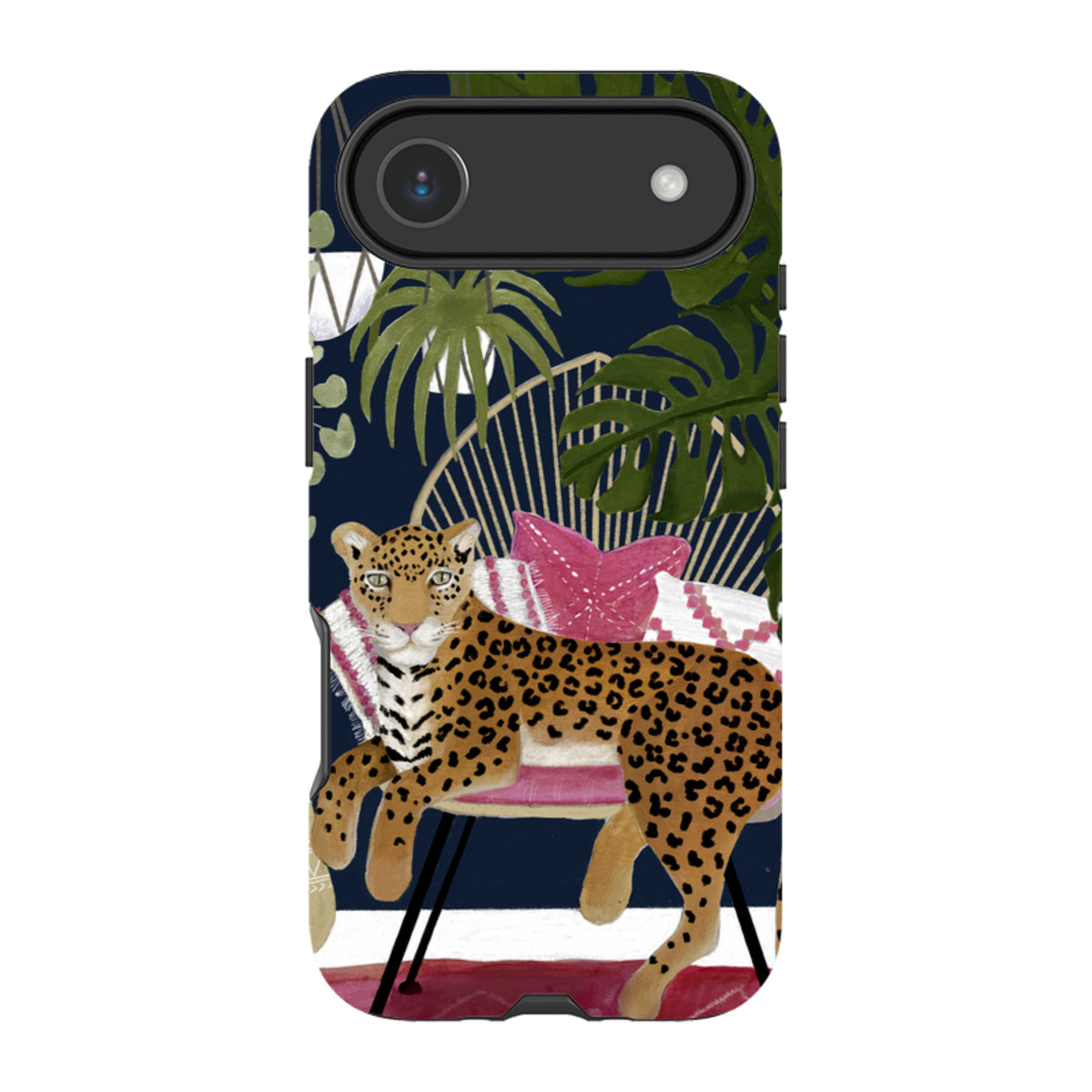 Dual-layer iPhone tough case featuring a boho leopard illustration on a dark background with tropical plants and chair.