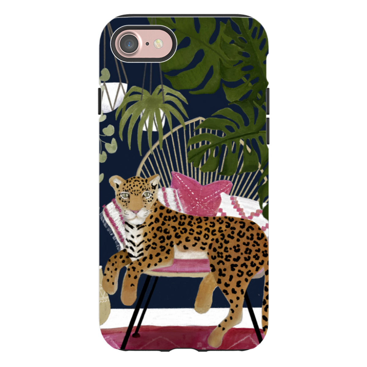 Boho leopard art on a dual-layer iPhone tough case with tropical plants, a pink chair, and a dark navy background.