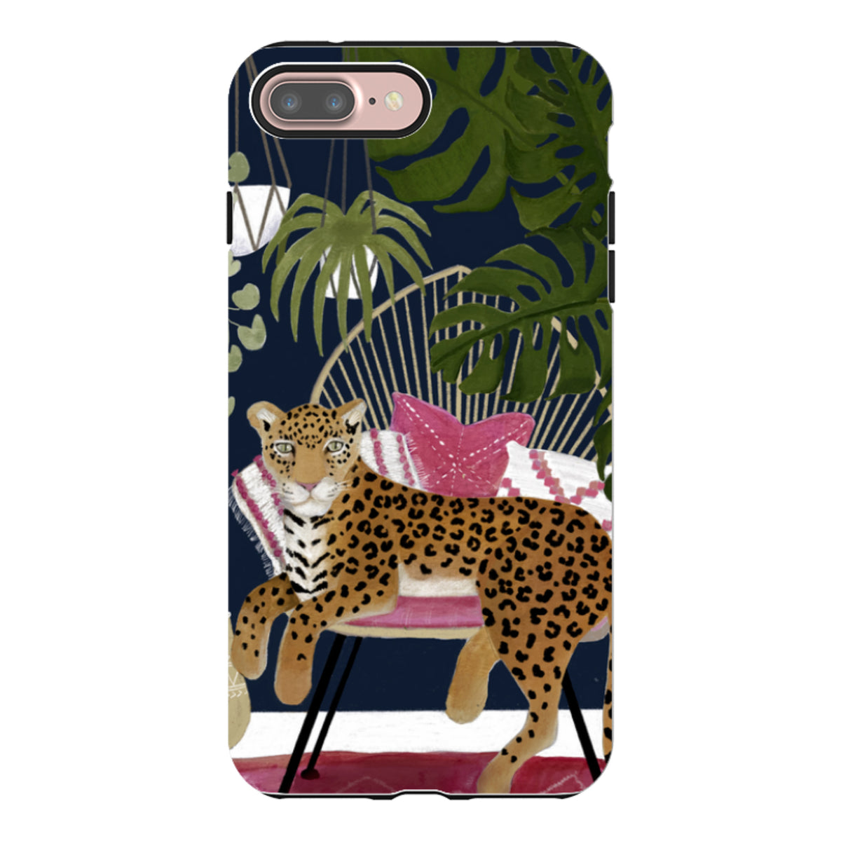 iPhone tough case featuring a boho leopard illustration on a dark background with tropical plants and a lounge chair.