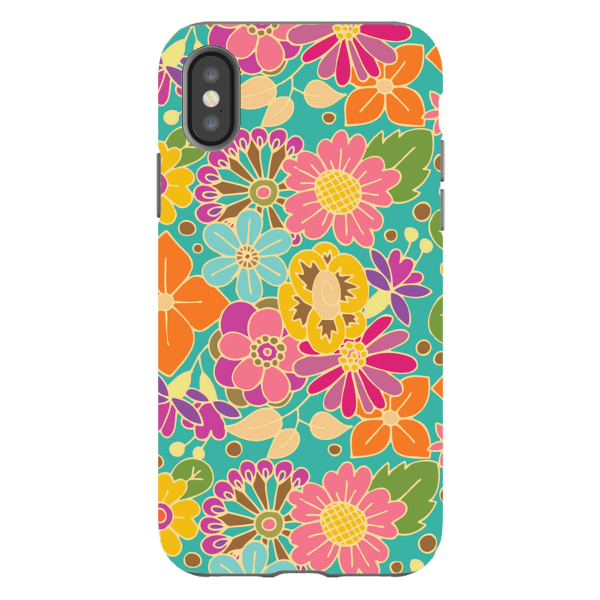 iPhone tough case featuring a colorful, high-definition floral bouquet pattern on a teal background with dual-layer protection.