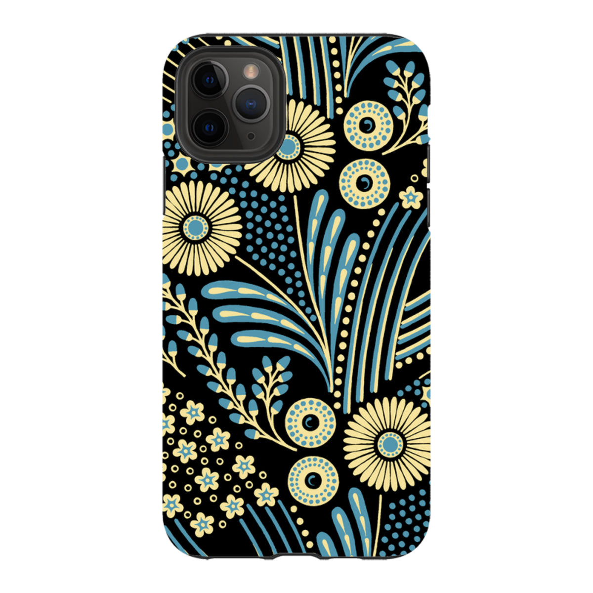 iPhone tough case with a black background and yellow and blue floral bouquet pattern by Cressida Bell.