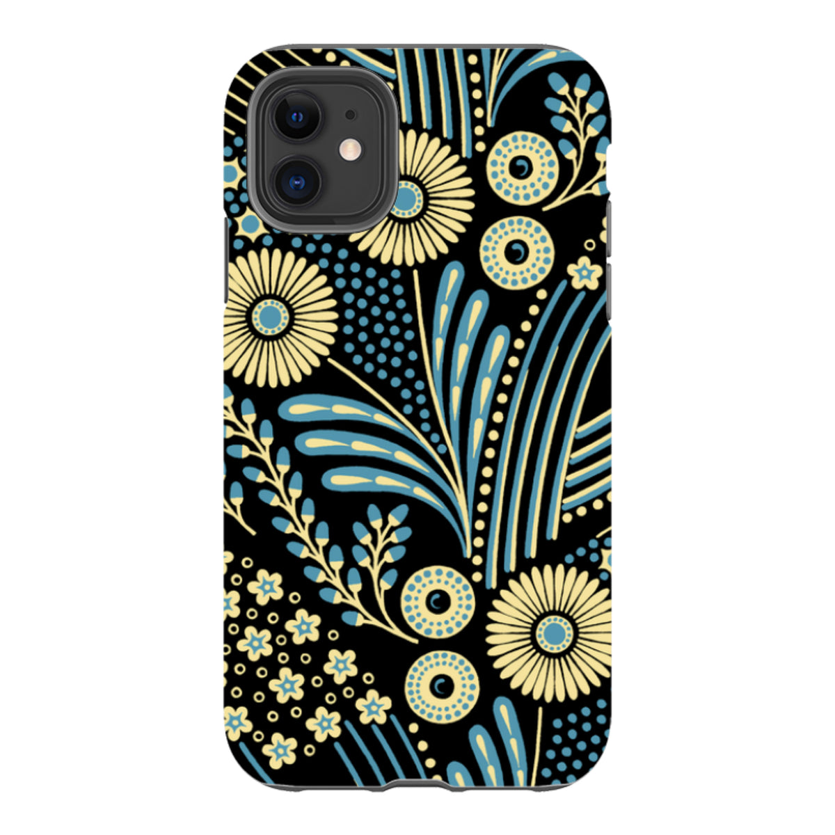 iPhone tough case featuring a black background with blue and yellow floral bouquet patterns and dual-layer protection.