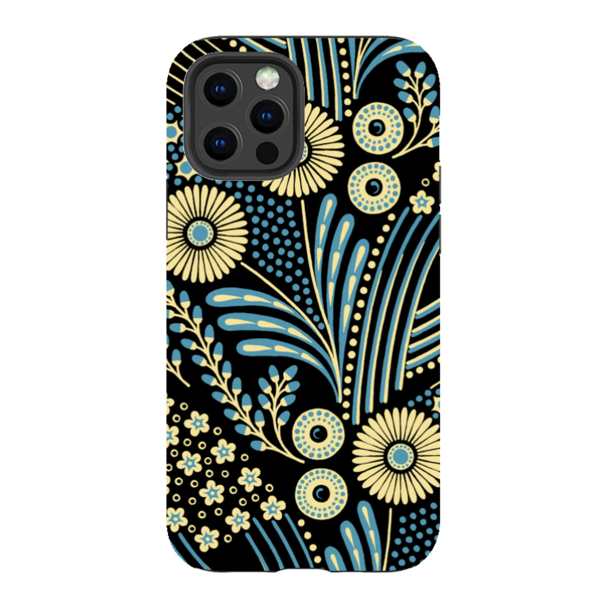 iPhone tough case with a black background and blue and yellow floral bouquet pattern by Cressida Bell.