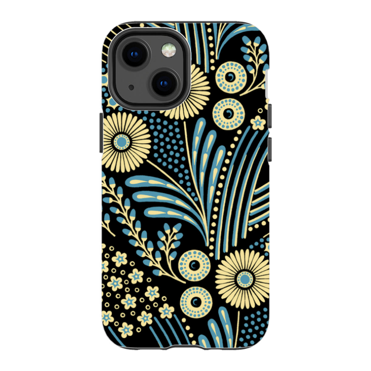 iPhone tough case with a black background and blue and yellow floral bouquet pattern by Cressida Bell.