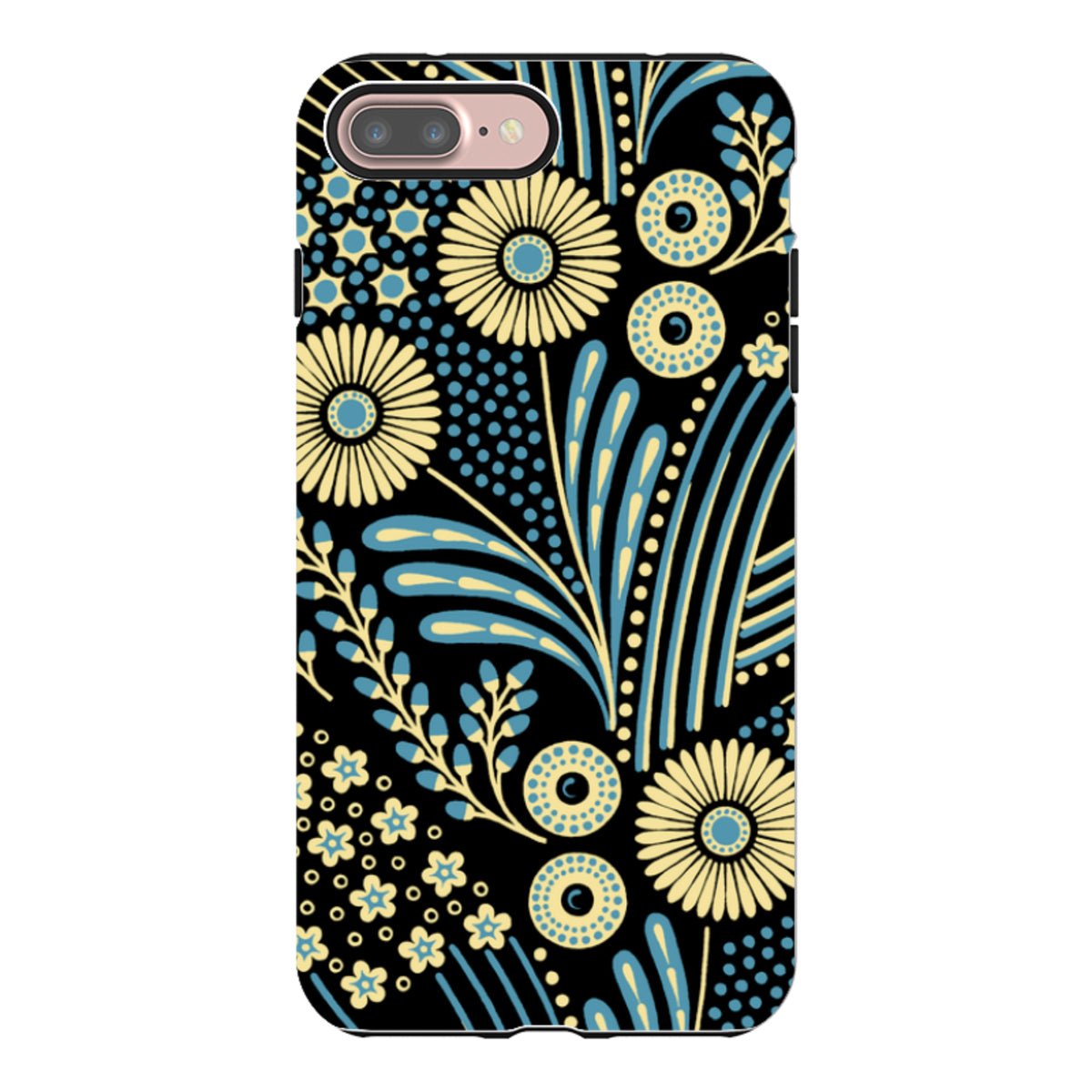 iPhone tough case featuring a black background with yellow and blue floral bouquet patterns and dual-layer protection.