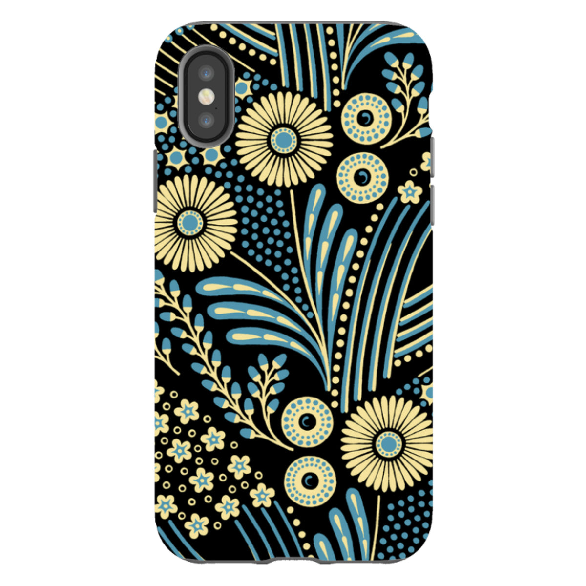 iPhone tough case featuring a black background with a yellow and blue floral pattern by Cressida Bell.