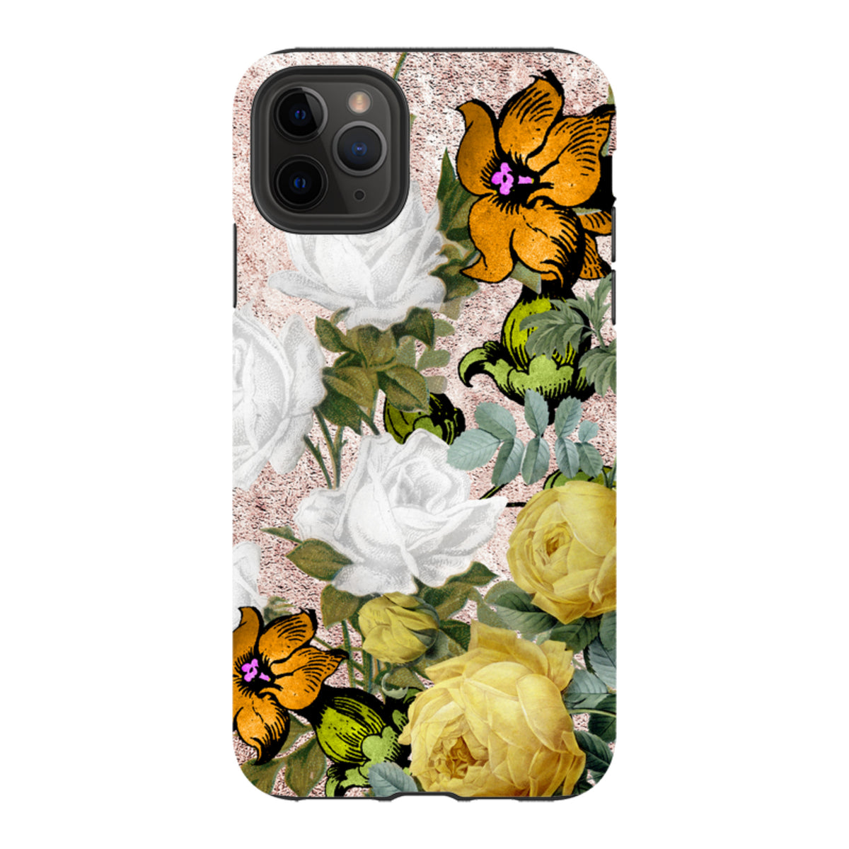 iPhone Tough Case featuring a floral Bowes design with white and yellow roses on a textured rose gold background.