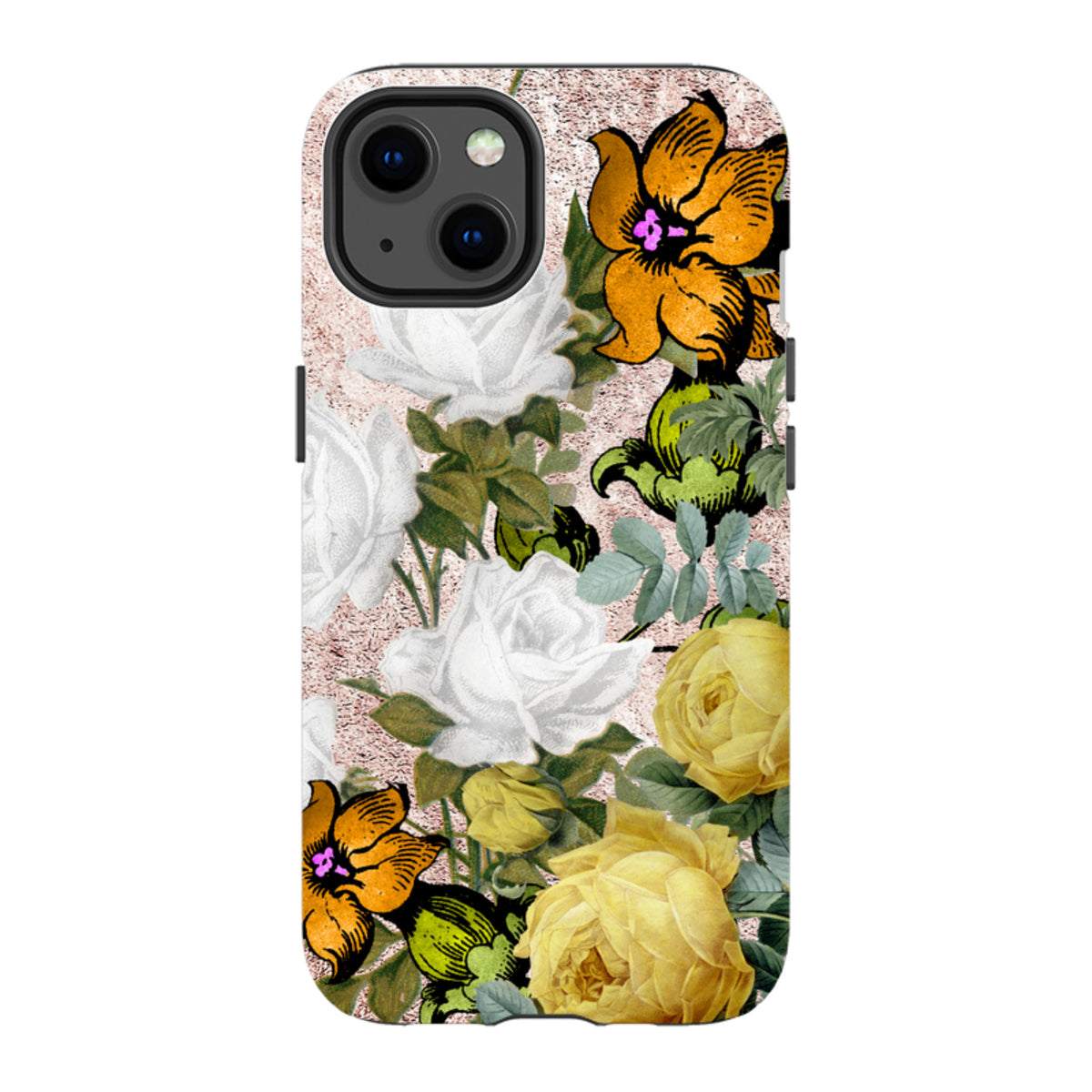 iPhone Tough Case featuring a Bowes floral design with yellow and white roses on a textured rose gold background.