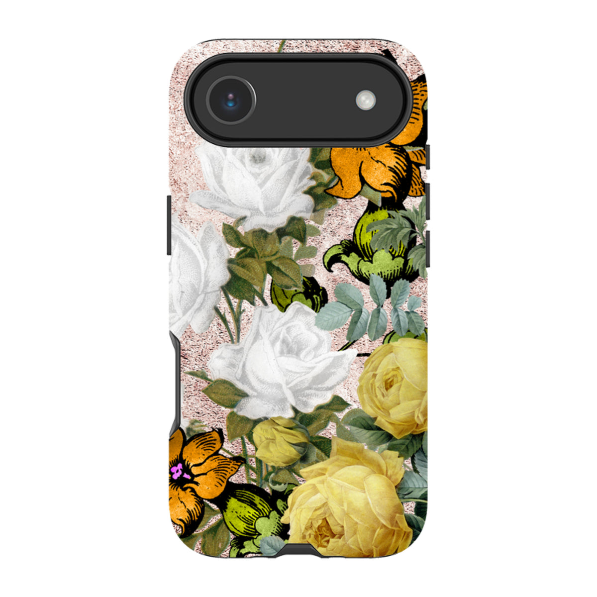 iPhone Tough Case featuring a Bowes floral design with white and yellow roses on a textured pink background.