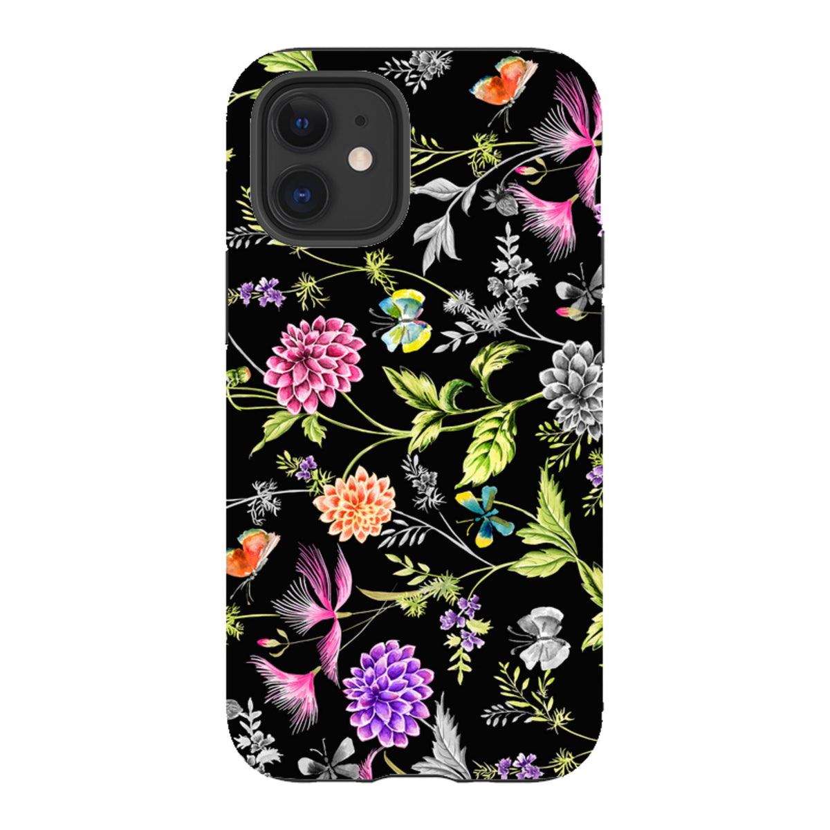 iPhone tough case with a black background featuring colorful floral and butterfly illustrations in a dual-layer design.