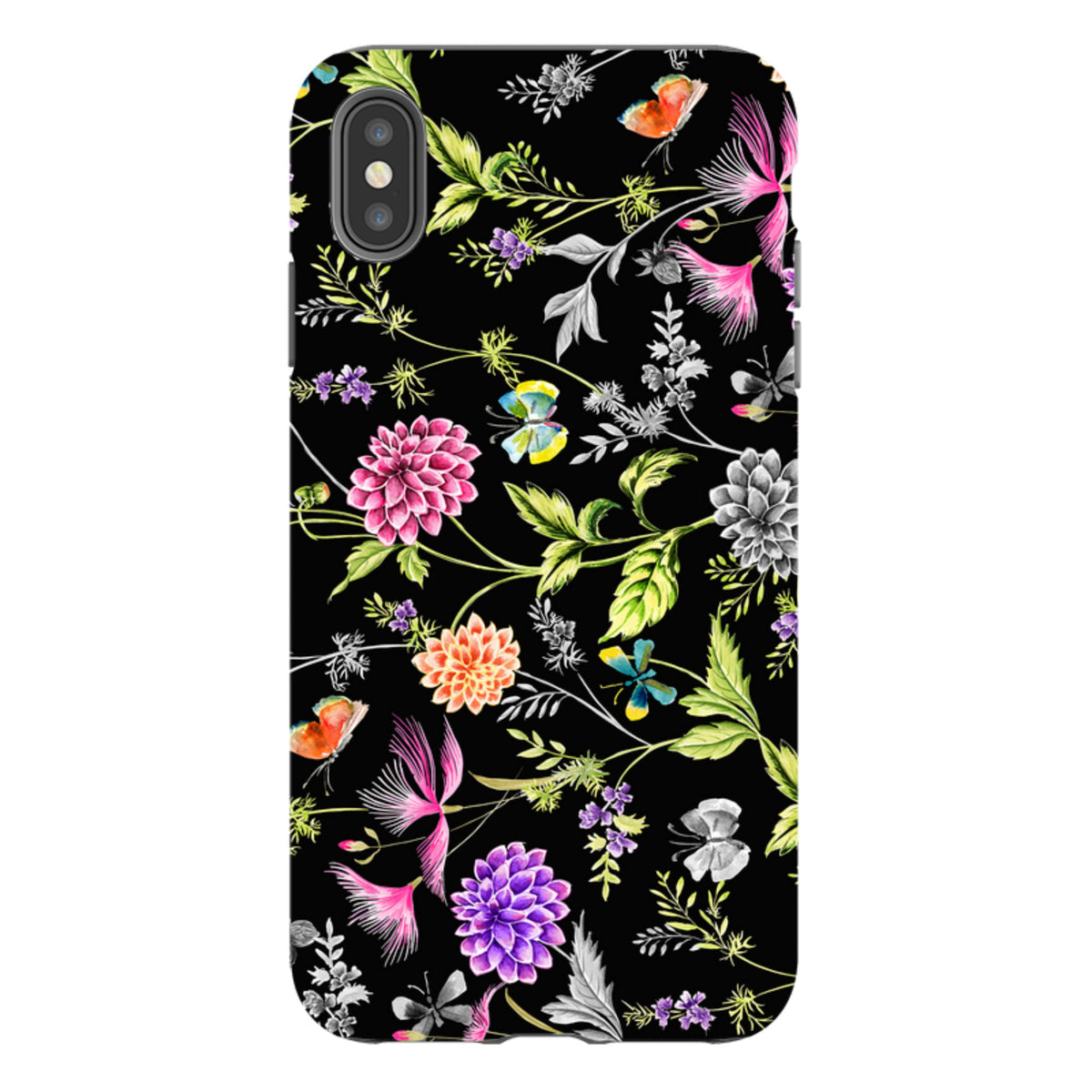 iPhone Tough Case featuring a black background with colorful floral and butterfly illustrations in a dual-layer design.