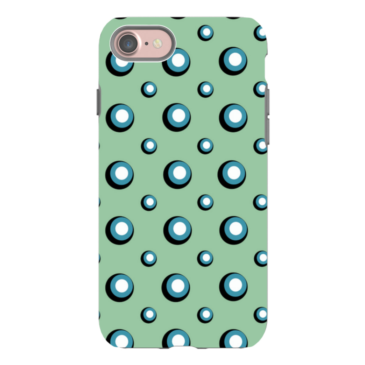 iPhone tough case with a mint green background and a repeating pattern of blue, white, and black bubbles.