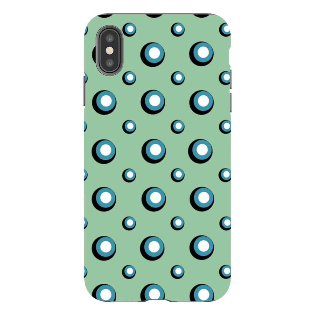 iPhone tough case with a sage green background and a repeating pattern of blue and white bubbles by Cressida Bell.
