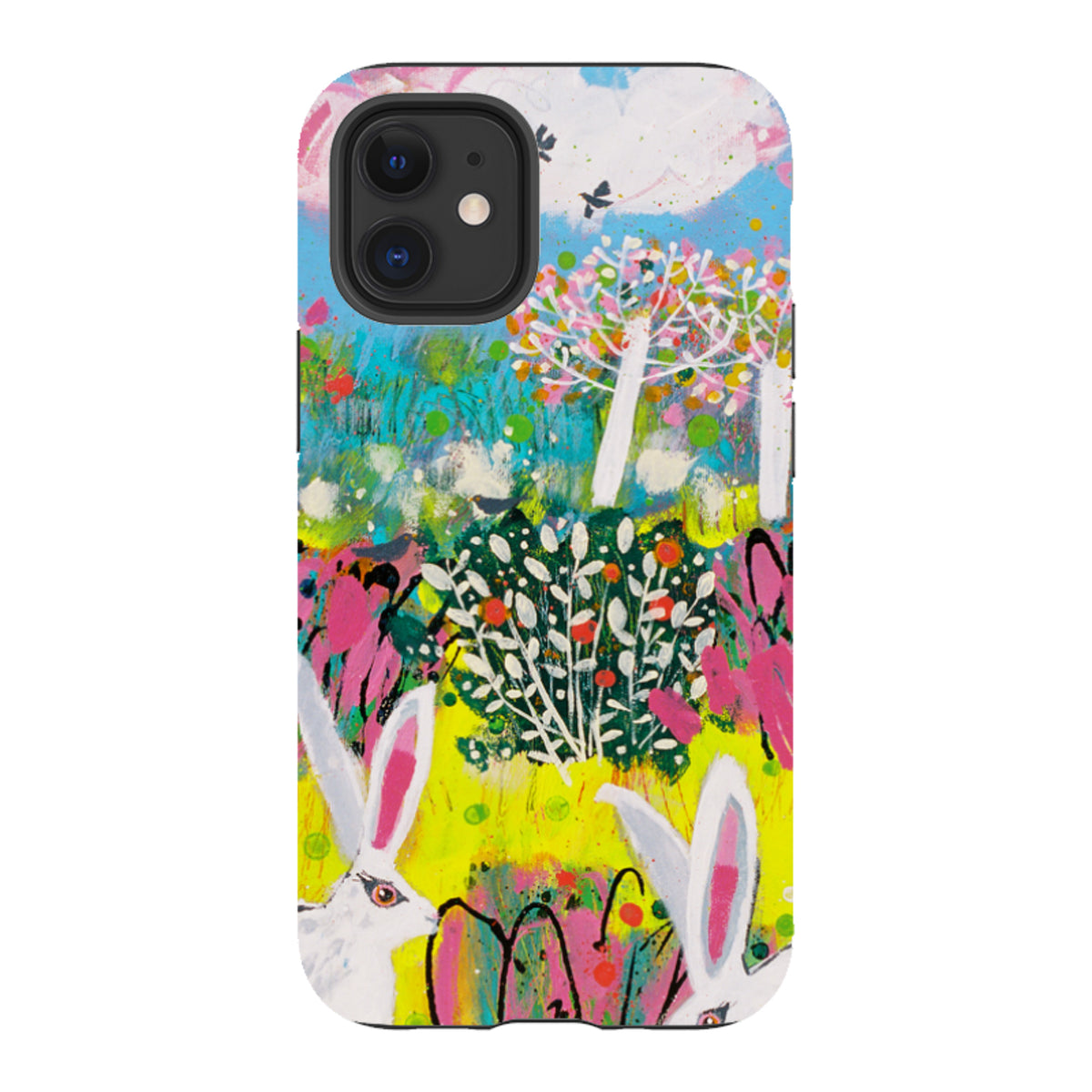 Dual-layer iPhone tough case featuring Claire West’s vibrant bunny and garden art with a protective shock-absorbing liner.