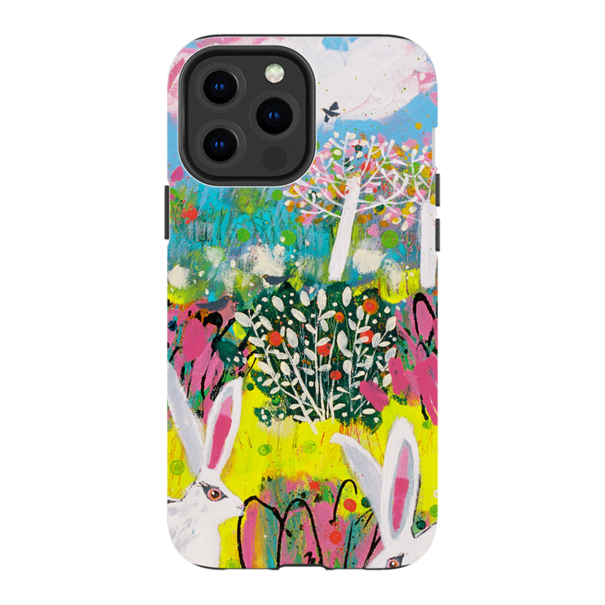 Dual-layer iPhone tough case featuring Claire West's vibrant bunny artwork with a protective shock-absorbing liner.