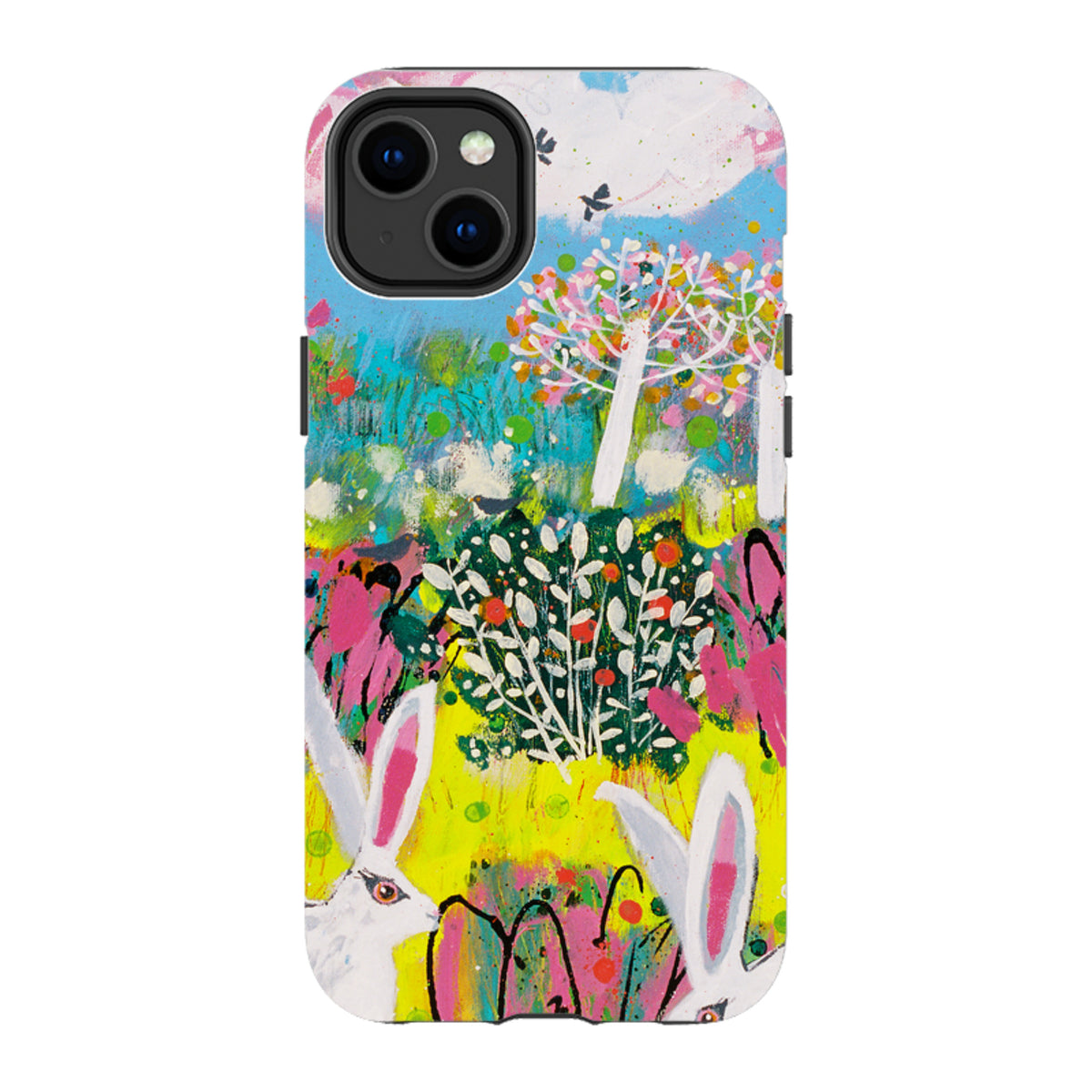 Dual-layer iPhone tough case featuring Claire West’s vibrant bunny and garden art with a protective camera cutout.