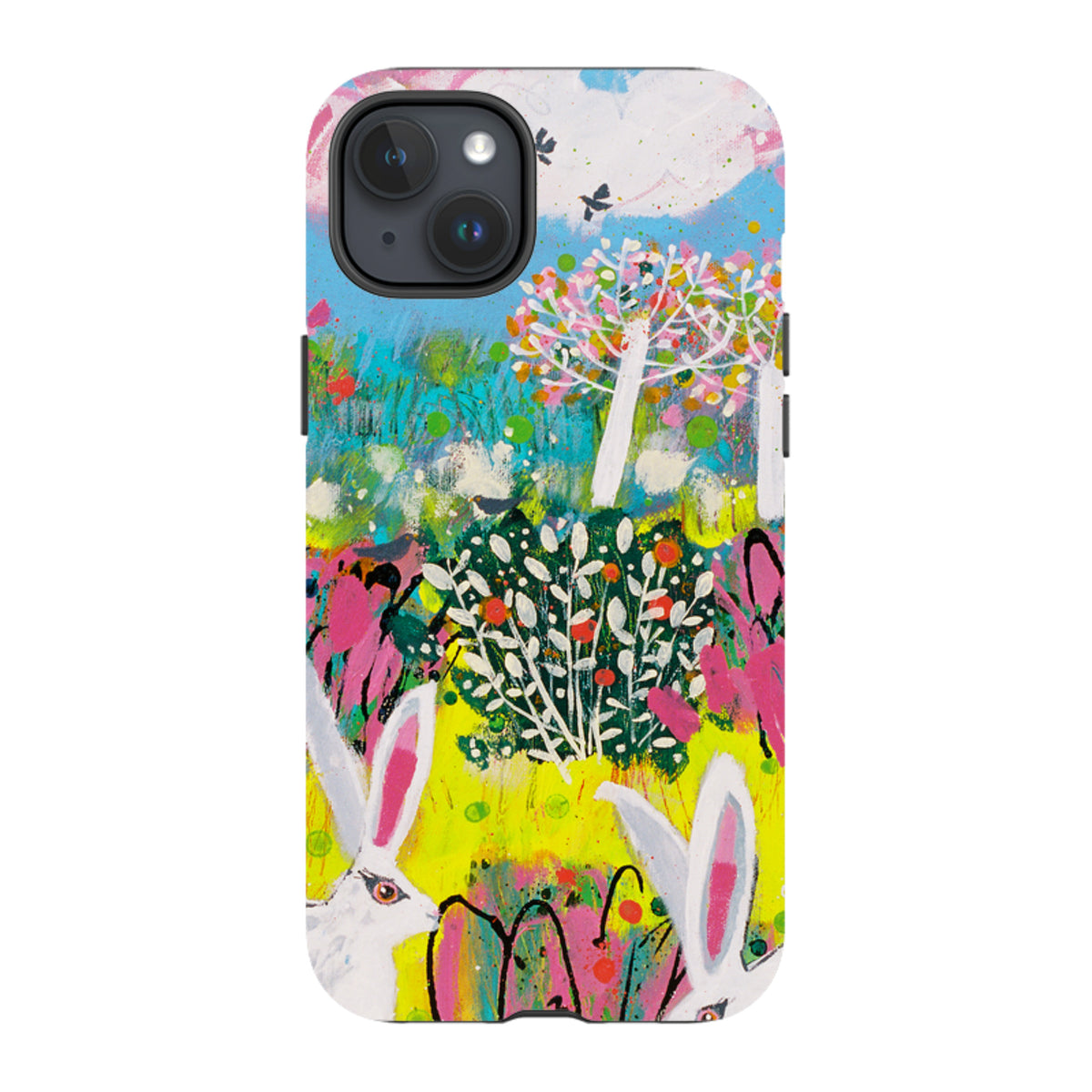 iPhone tough case featuring Claire West’s colorful bunny and garden artwork with a durable dual-layer protective shell.